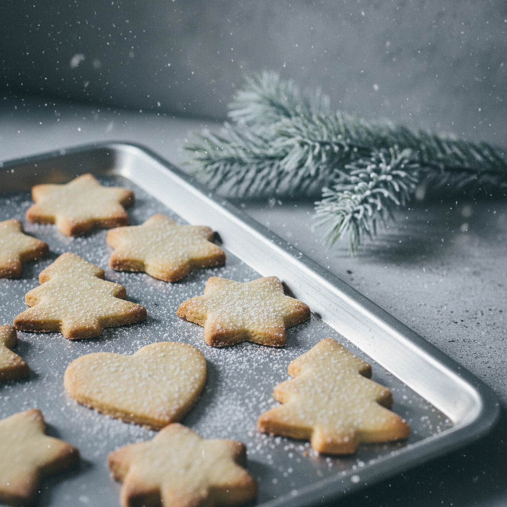 Plaque de biscuits de Noël en forme d'étoiles et de sapins saupoudrés de sucre