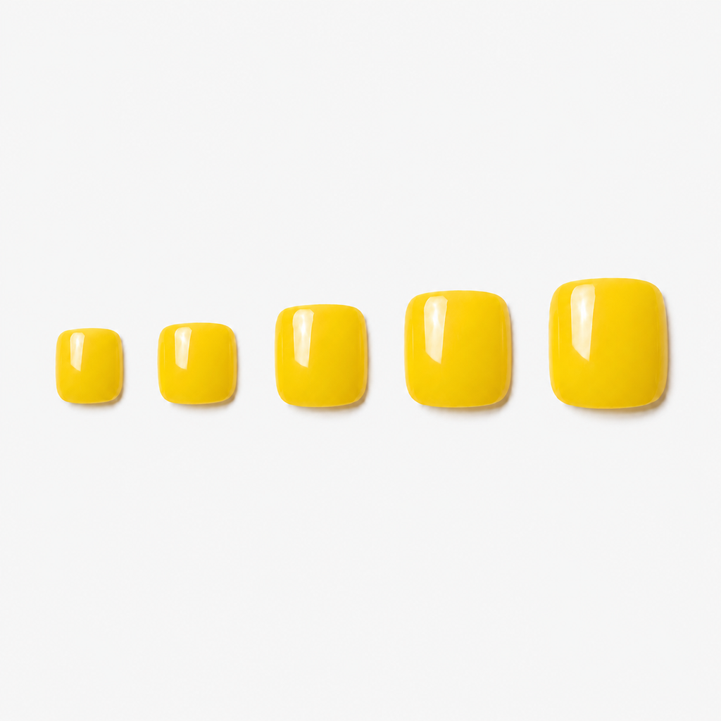 Pédicure Citron Jaune press-on Jaune clair portée sur les orteils. Faux ongles pour les pieds effet miroir, naturel. Par SOIMEA Paris