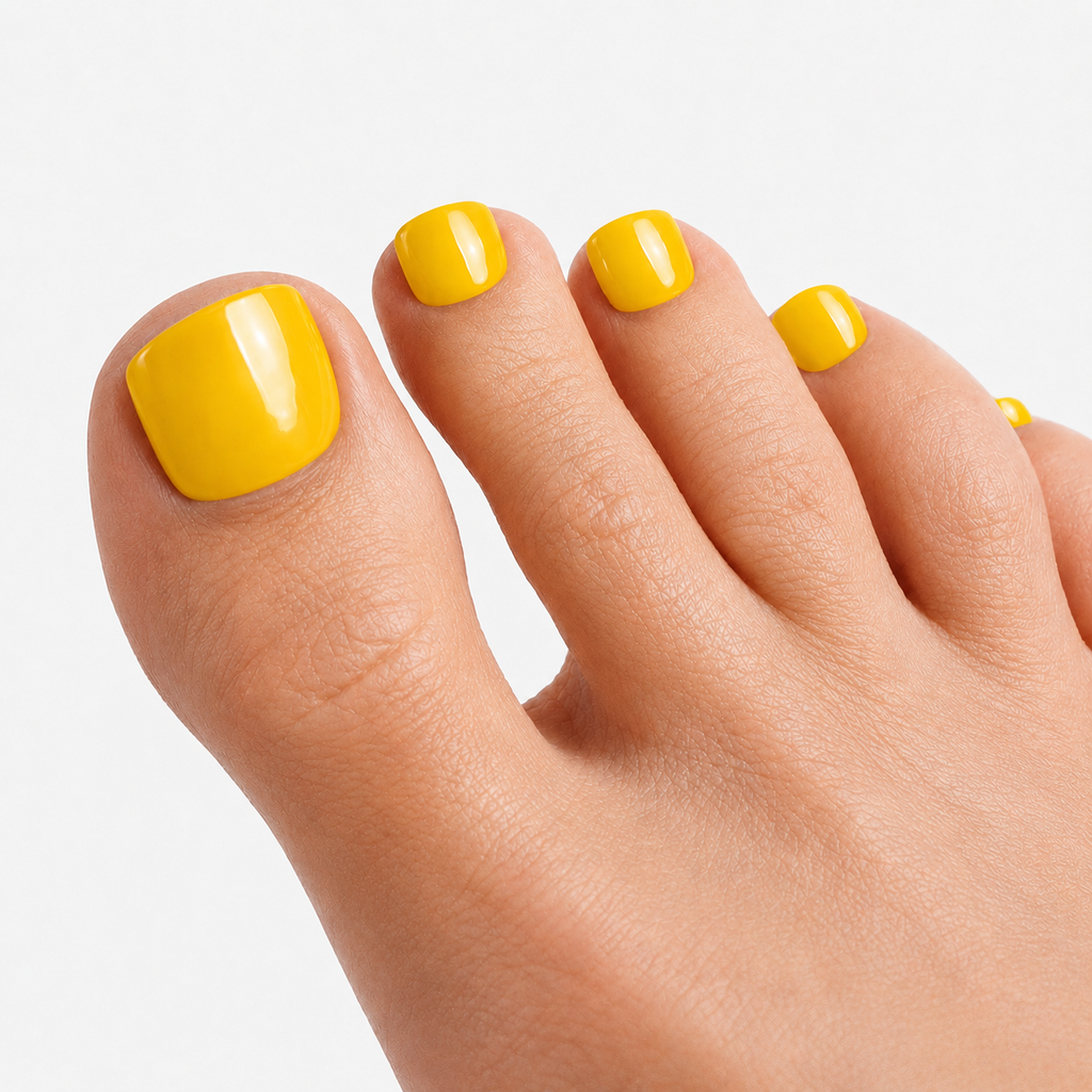 Pédicure Citron Jaune press-on Jaune clair portée sur les orteils. Faux ongles pour les pieds effet miroir, naturel. Par SOIMEA Paris