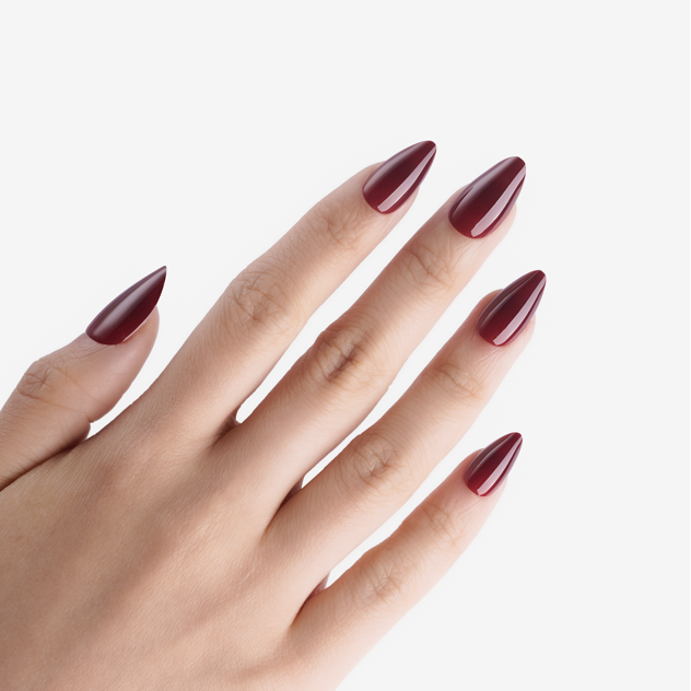 soimea faux ongles à pression bordeaux  grenat rouges forme amande longuer moyen, finition laqué, Faux ongles rouges amande de longueur moyenne. Par SOIMEA Paris