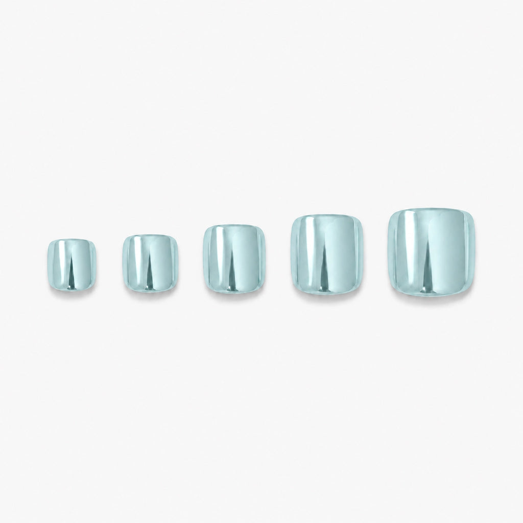 Faux ongles pour pieds press-on Bleu Miroir Soimea, effet chromé bleu clair brillant pour pédicure d’été fraîche et lumineuse