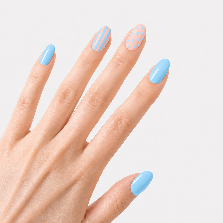 Faux ongles press-on Azurine portés sur la main, manucure courte baby blue avec pois et rayures pastel