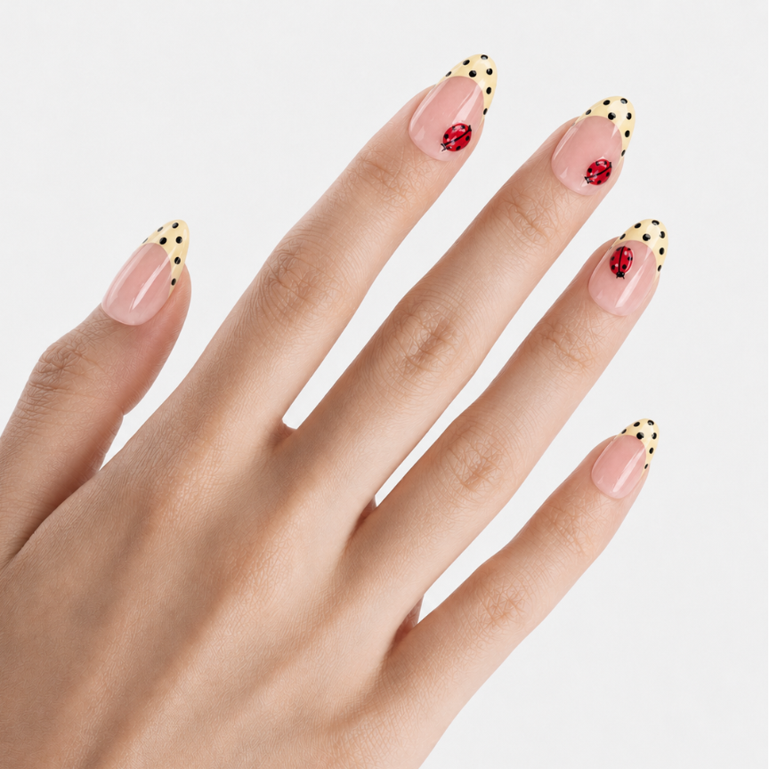 Faux ongles press-on Coccinelle portés sur la main, French lumineuse avec pois dorés pour une manucure d’été chic