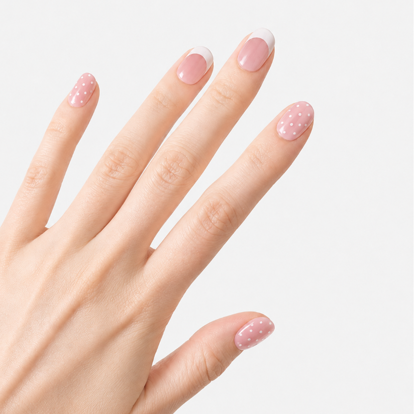 Faux ongles press-on Dottie portés sur la main, manucure courte nude rosé et blanche avec French à pois