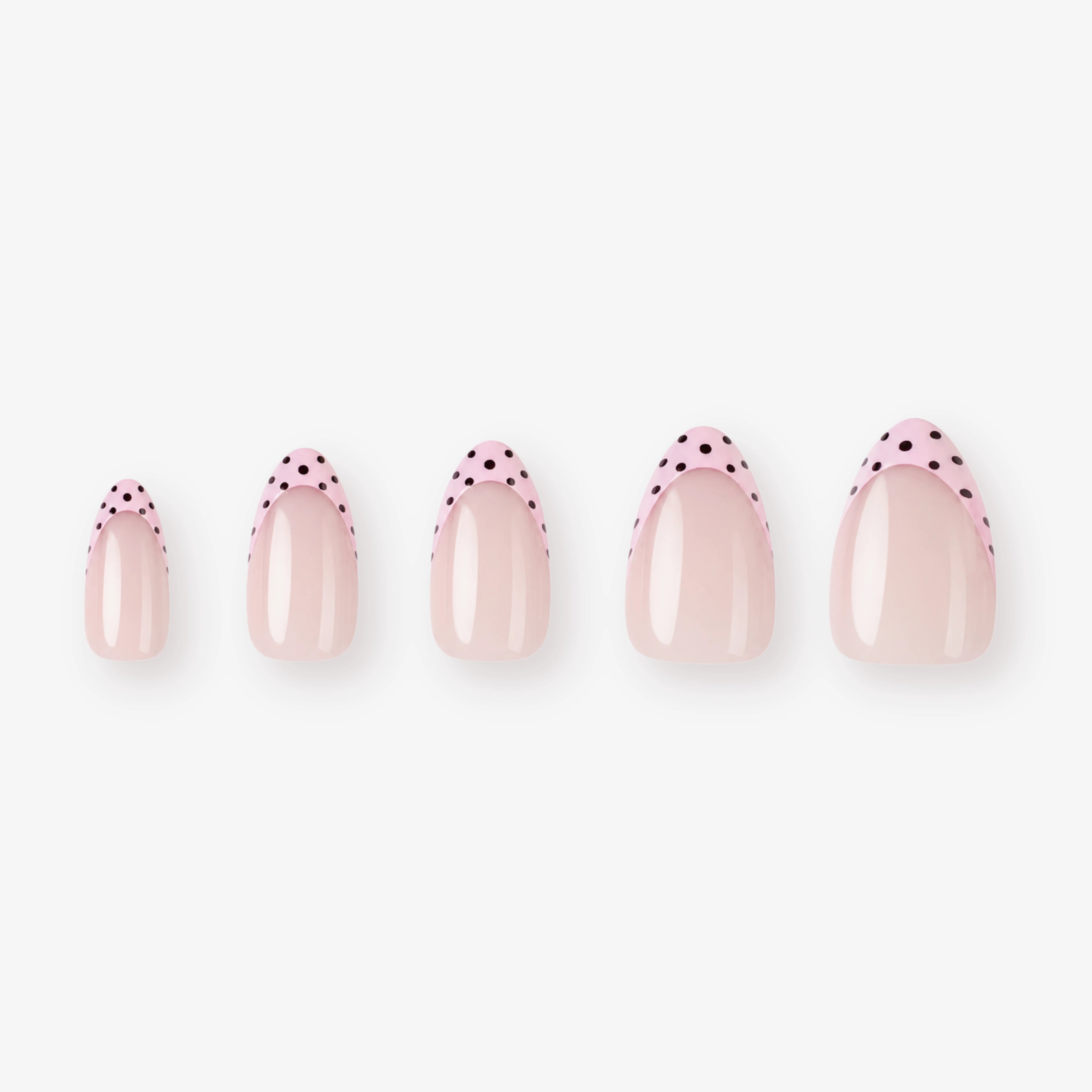 Faux ongles press-on Guimauve Soimea forme amande moyenne avec French rose et pois violet profond en packshot