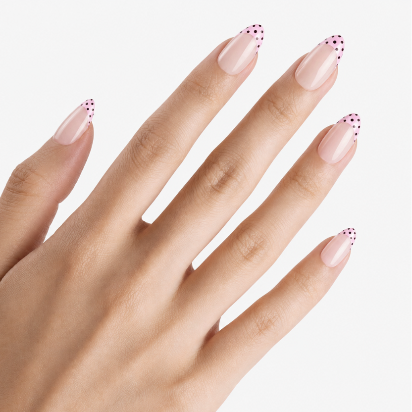 Faux ongles press-on Guimauve portés sur la main, manucure amande rose à pois violets au style estival