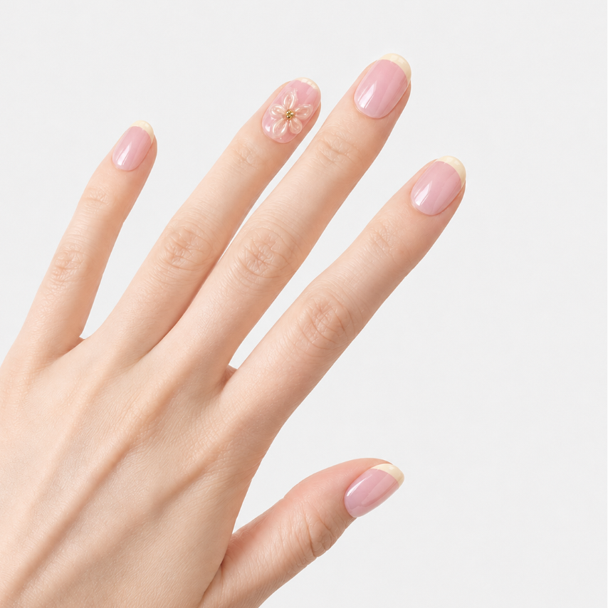 Faux ongles press-on Pâquerette portés sur la main, French butter yellow courte avec fleurs 3D festivales