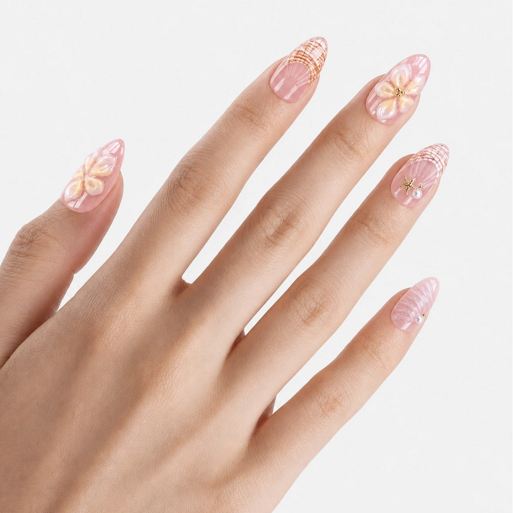 Faux ongles press-on Sirenetta portés sur la main, manucure amande medium nude rosé avec détails 3D mer, perles et étoiles de mer dorées