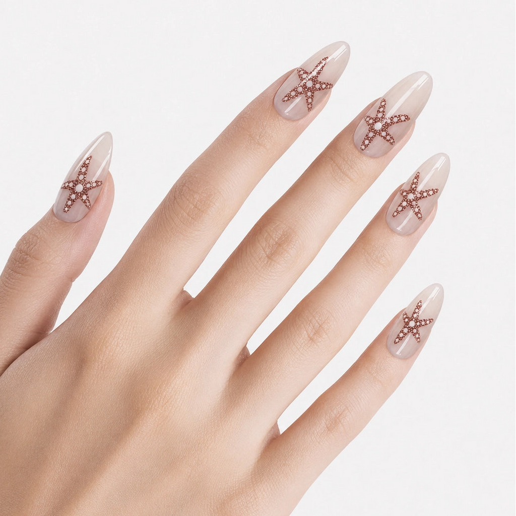 Faux ongles press-on Stella Marina portés sur la main, manucure longue amande blanc lacté avec étoiles de mer dorées et esprit bord de mer