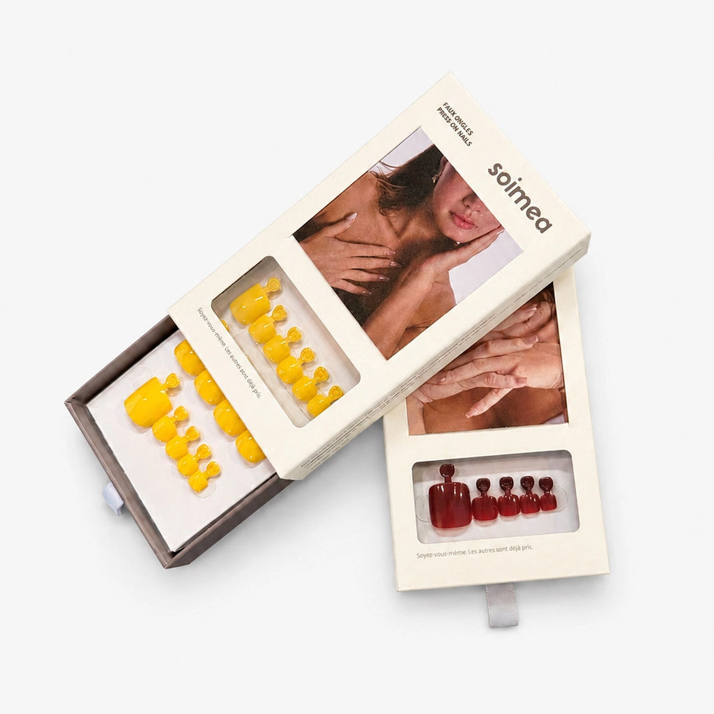 Pack de faux ongles press-on Citron Jaune et rouge, parfaits pour une pédicure lumineuse et rapide.