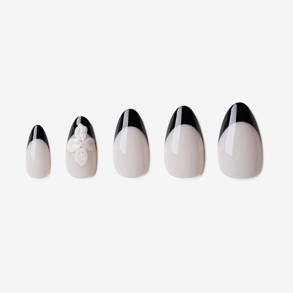 Faux ongles amande long French floral blanc noir La Couronne d'Ophélie – Soimea Paris