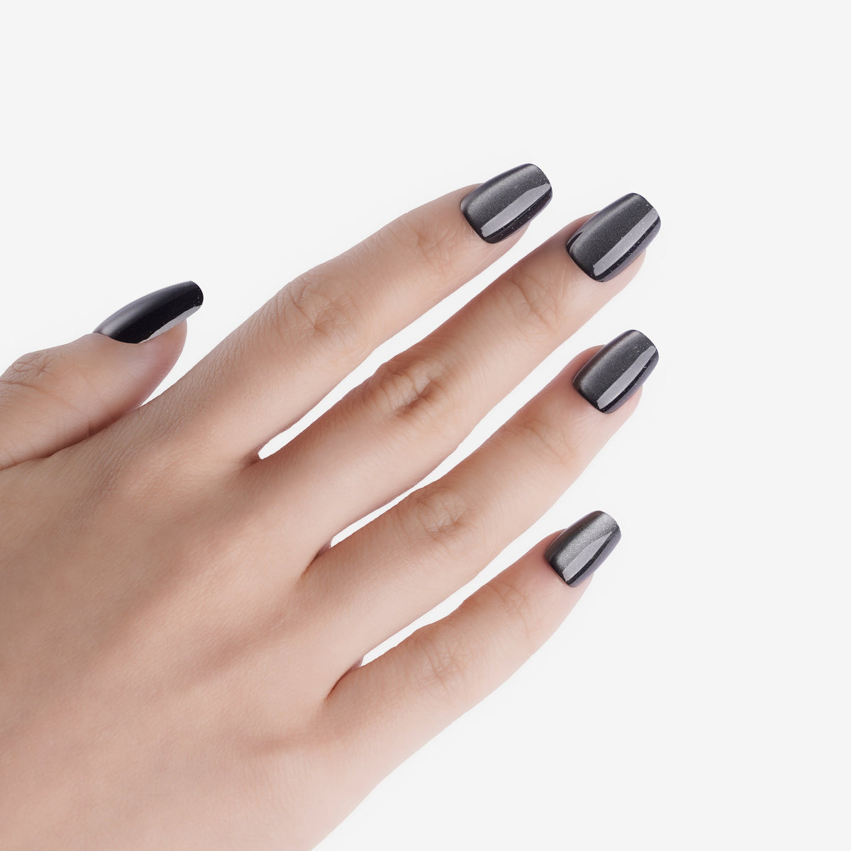 soimea faux ongles à pression noir gris glacé forme ballerine effet œil-de-chat verre cristallin transparent, Faux ongles gris foncé et noir effet Cat Eye – forme ballerine, longueur moyenne. Par SOIMEA Paris