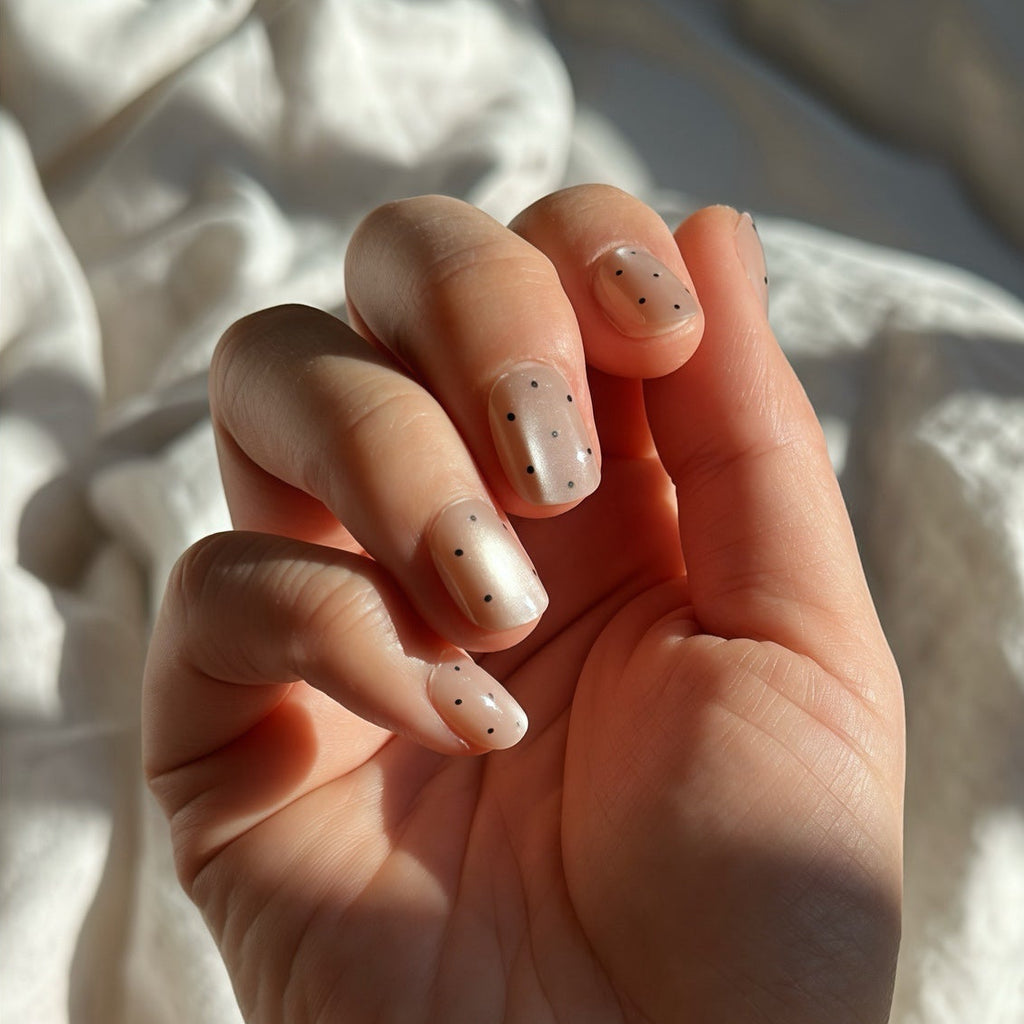 soimea faux ongles a pression beige avec mini pois noirs forme squoval style classique court effet œil-de-chat, short press-on beige polka dots nails with cat eye effect