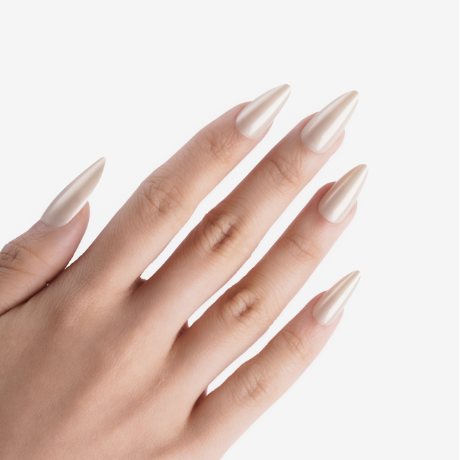 soimea faux ongles à pression ecru beige   forme amande extra long, effet nacre satiné, white long satin finish press-on nails