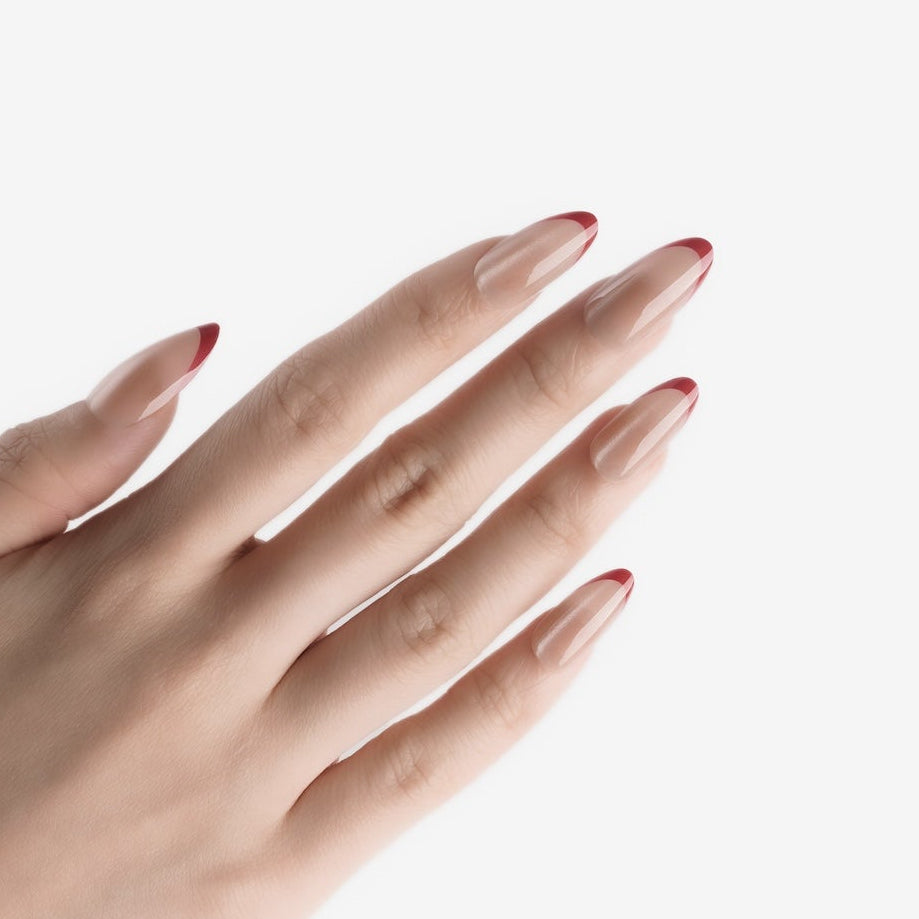 soimea faux ongles à pression French manicure à bordures rouges forme amande effet œil-de-chat, style classique long, red french style cateye press-on nails