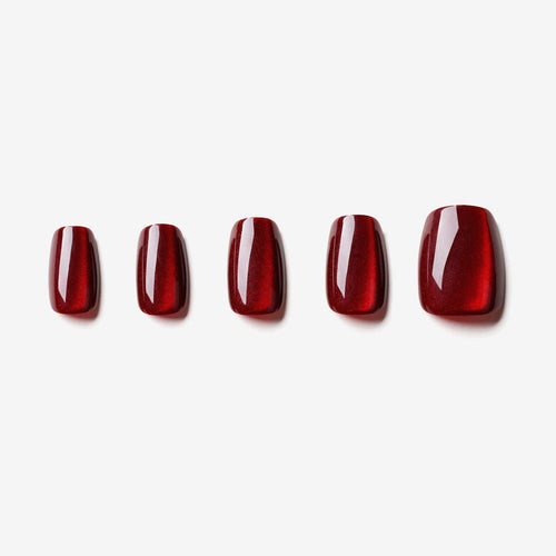 soimea faux ongles à pression rouges rubis forme ballerine effet œil-de-chat, style classique moyen, ruby red ballet medium cateye press-on nails