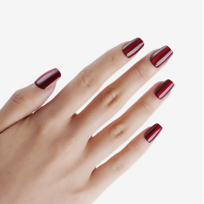 soimea faux ongles à pression rouges rubis forme ballerine effet œil-de-chat, style classique moyen, ruby red ballet medium cateye press-on nails