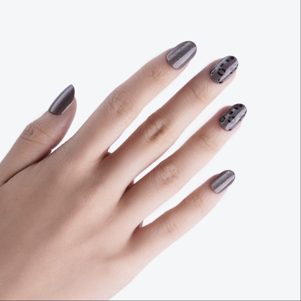 soimea faux ongles à pression taupe glacé forme rond medium effet œil-de-chat verre cristallin transparent avec motif leopard, rose brown animal print cateye oval press-on nails