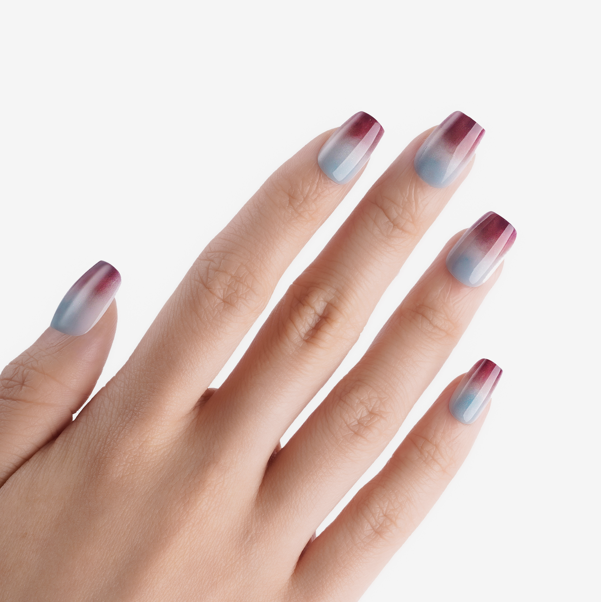 soimea faux ongles à pression taupe rose degrade bleu clair forme ballerine medium avec le nuance menthe chocolate, effet brillant, bordeaux brown blue marron ballet medium press-on nails